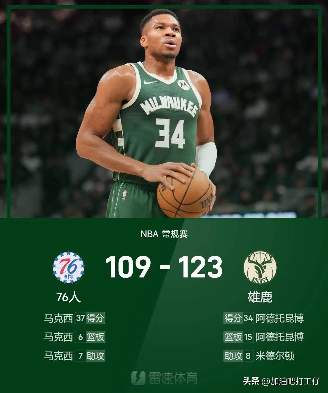 雄鹿队球员刷新生涯数据，表现抢眼的简单介绍